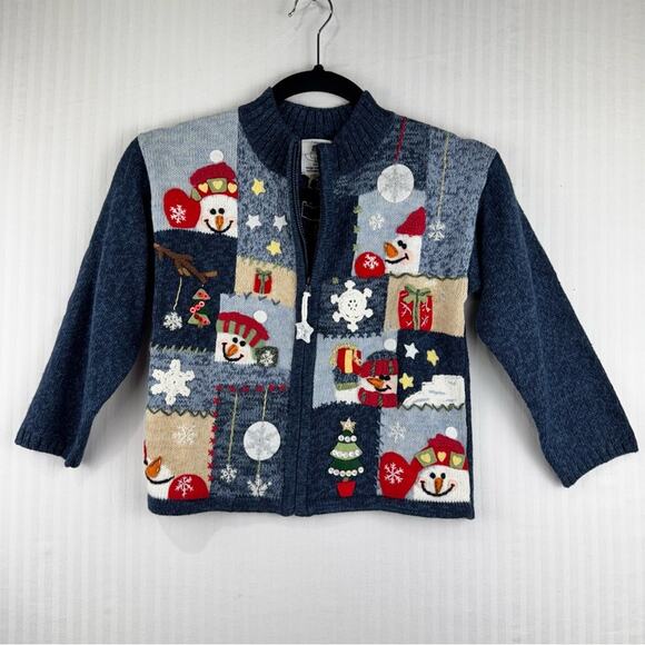 Tiara Girls Christmas Snowman Winter Blue Ramie Cotton Full Zip Sweater Size 6X - Picture 1 of 4